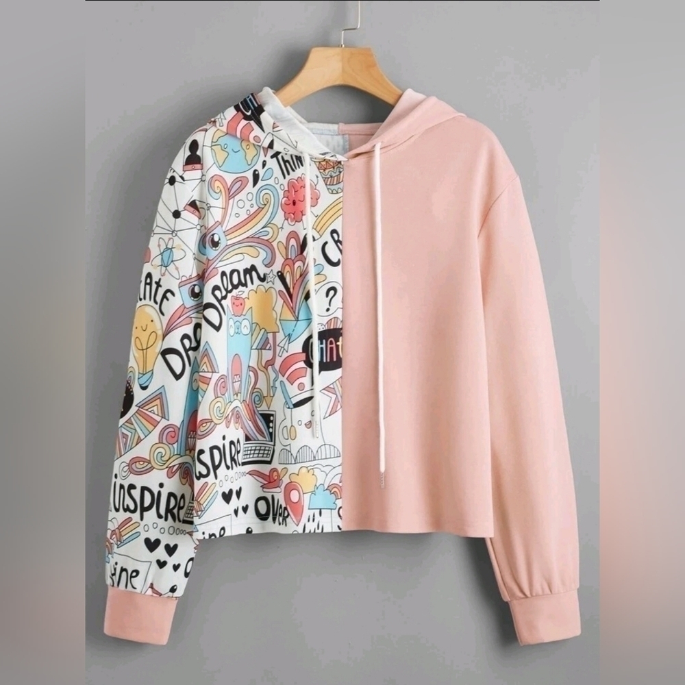 Mulvari Cartoon Graphic Spliced Hoodie Size Small